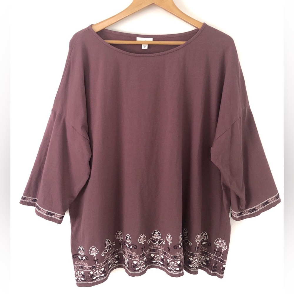 J. Jill Purple Cotton Blend Tunic Top 3/4 Sleeve Embroidered Hem Women's 3X Plus